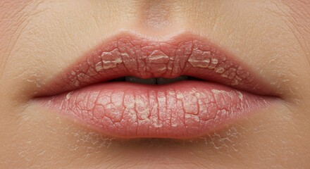 Closeup view of chapped lips with visible peeling and dry skin Surrounding skin is pale and wrinkled
