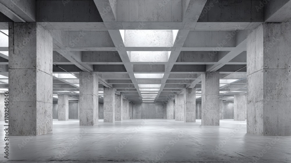 Poster minimalist architecture: empty concrete structure with columns and geometric ceiling, modern industr
