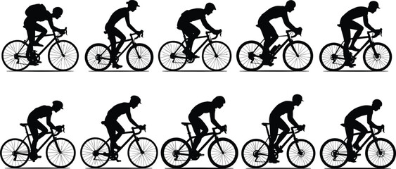 Silhouettes of Cyclists Riding Bicycles in Different Poses – Vector Illustration Showing Men on Road Bikes in Motion Side Views