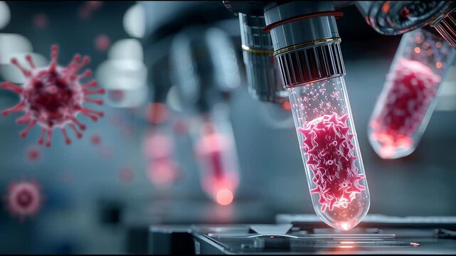 Advanced futuristic blood analysis with glowing samples in test tubes under high-tech microscopes, viruses floating nearby, symbolizing biomedical research precision.