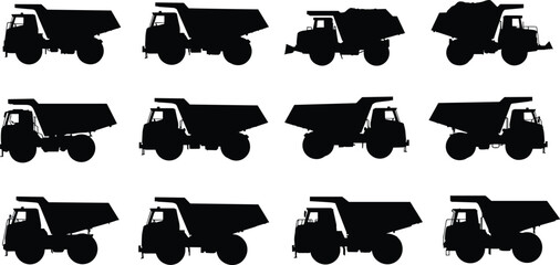 Silhouette of construction dump trucks, heavy machinery in black, various angles and perspectives, ideal for construction, industry, engineering, silhouette designs, perfect for illustrations © Md