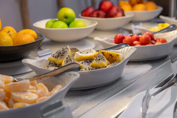 breakfast buffet with fruit and breads