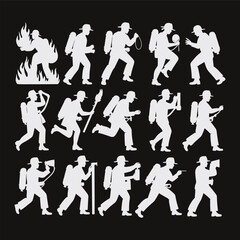 Silhouette of firefighter, fireman, and rescue worker in action, holding hose, axe, extinguisher, running, emergency response, fire safety, protection, rescue mission, danger, bravery.