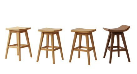 Wooden stools in various designs isolated on white background, perfect for home or bar decor