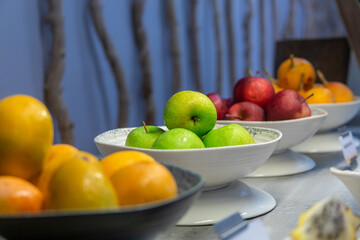 breakfast buffet with fruit and breads