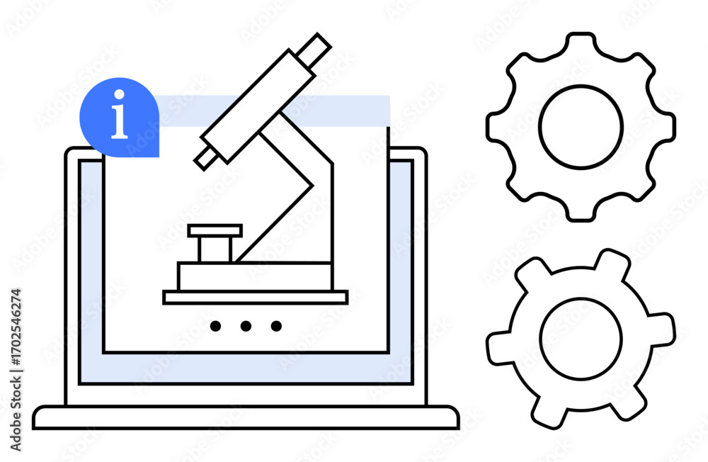 Poster microscope on a laptop screen with info icon and gears representing settings. ideal for science, res