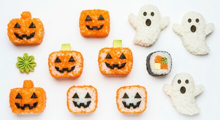 flatlay of sushi rolls shaped like pumpkins and ghosts on white background for a halloween themed food presentation