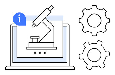 Microscope on a laptop screen with info icon and gears representing settings. Ideal for science, research, education, technology, analysis, data optimization, innovation. Flat simple metaphor