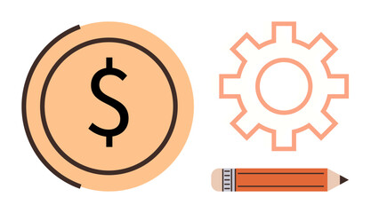 Coin representing finance, gear for productivity, and pencil for creativity. Ideal for business, economics, teamwork, innovation, financial planning strategy education. Simple flat metaphor