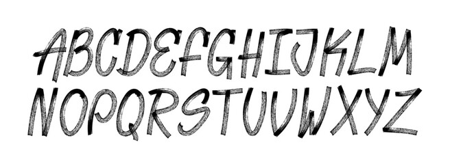 Uppercase English alphabet in a textured grunge brush style, hand-drawn in black on a white background. Handwritten alphabet, each letter written with a brush. Bold, italic style. Vector typeface
