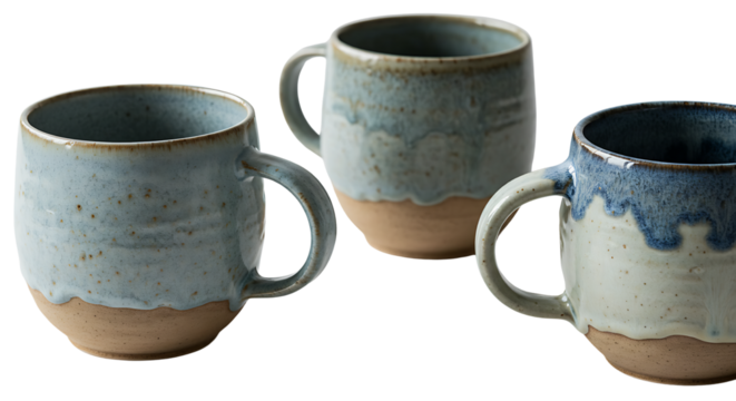Collection of three handcrafted ceramic mugs showcasing a rustic two-tone design with earthy unglazed bottoms and beautiful blue-glazed tops, perfect for coffee or tea