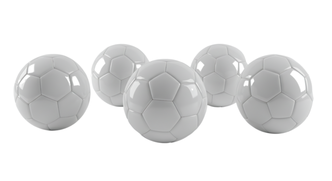 A collection of white soccer balls arranged on a clean white background, highlighting their iconic design and geometric pattern