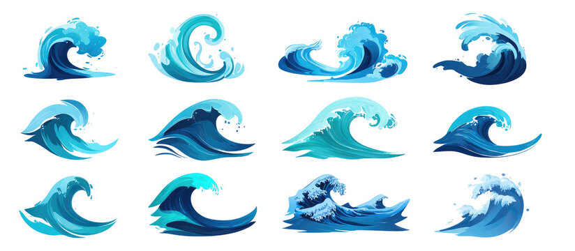 Twelve stylized depictions of ocean waves in various forms.  Different shapes and sizes of blue waves,  stylized graphic
