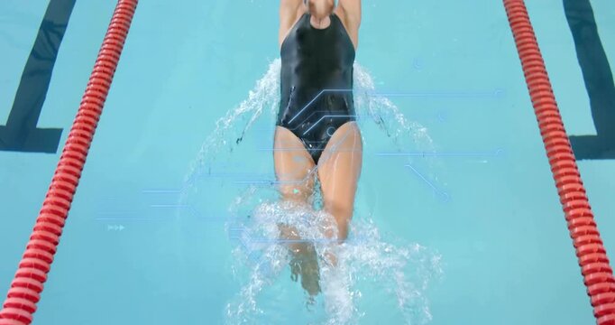 Competitive swimmer crouching on edge, pushing off on cue for backstroke start, gliding underwater