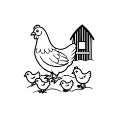 A protective hen with her baby chicks standing near a chicken coop