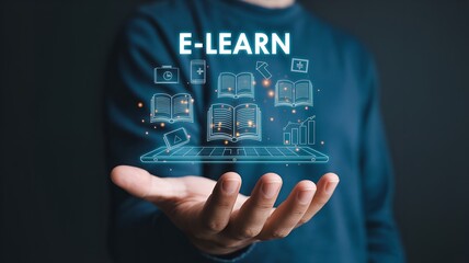 Raised Hand with Palm Outward Projecting Glowing Holographic Tablet Displaying Books, Video, and Charts Icons with Floating Text E-LEARN, Representing Online Education and Digital Learning