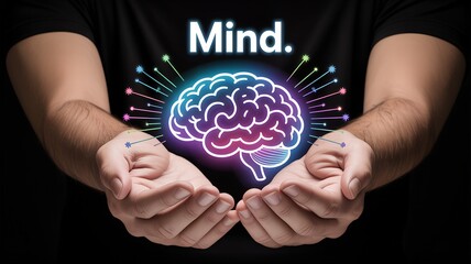 Two Hands Cupped Holding Glowing Holographic Brain with Radiating Neon Connections and Floating Text MIND, Representing Intelligence, Creativity, and Cognitive Innovation