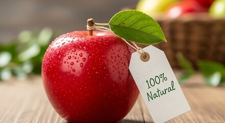 Red Apple with Leaf and 100 Percent Natural Tag.