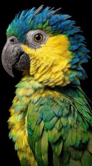 Obraz premium A vibrant close-up portrait of a parrot, showcasing the intricate detail of its colorful plumage against a dark backdrop.