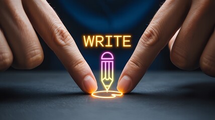 Two fingers pinching holographic pencil icon with floating WRITE text, futuristic creativity, writing, education, and digital learning concept
