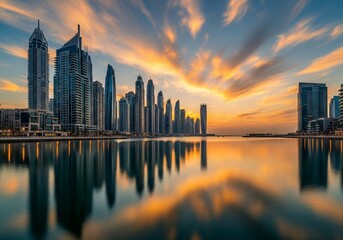 Stunning Dubai skyline reflecting in calm waters under a vibrant sunset sky perfect for travel advertisements