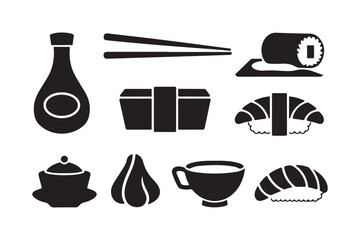 Collection of black and white sushi and japanese food icons