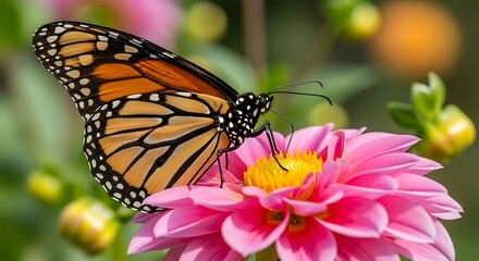 Fototapeta premium Monarch Butterfly on Pink Dahlia Flower.