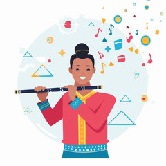 Joyful musician playing flute creating beautiful music, perfect for cultural events and projects