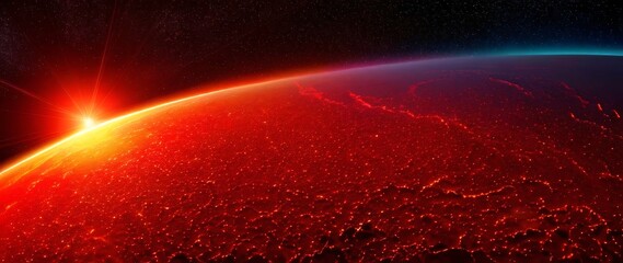 Stunning Sunrise Over a Fiery Planet with Stellar Background