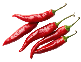 Four vibrant red chili peppers arranged in a slightly overlapping, diagonal pattern against a pure black background.  The peppers' glossy surfaces and pointed ends are clearly visible