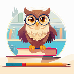 Wise owl wearing glasses sits atop books, ready for learning and education, perfect for design