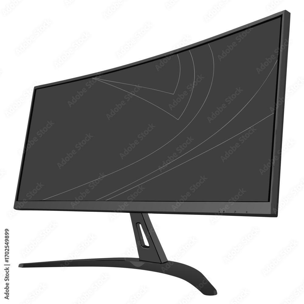 Aufkleber modern curved computer monitor with a sleek black stand and subtle abstract line art on its dark scr
