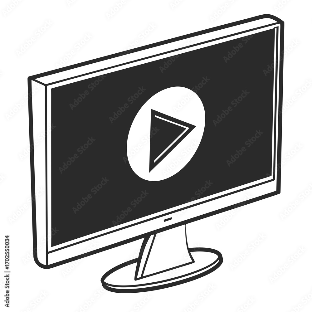 Poster modern computer monitor displaying a white play button icon on a dark screen symbolizing video playb