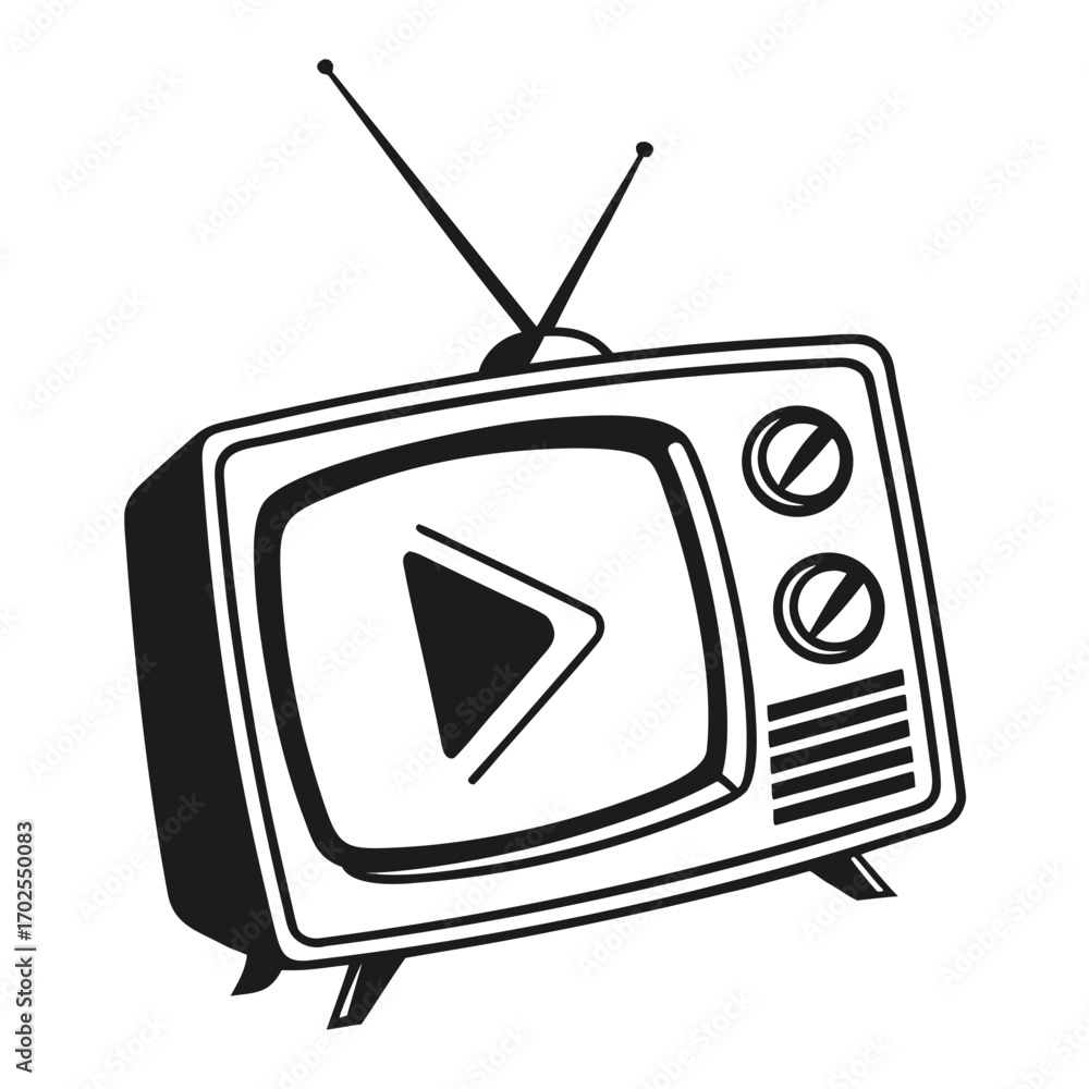 Poster retro television set with a play button symbol displayed on its screen representing old media vintag