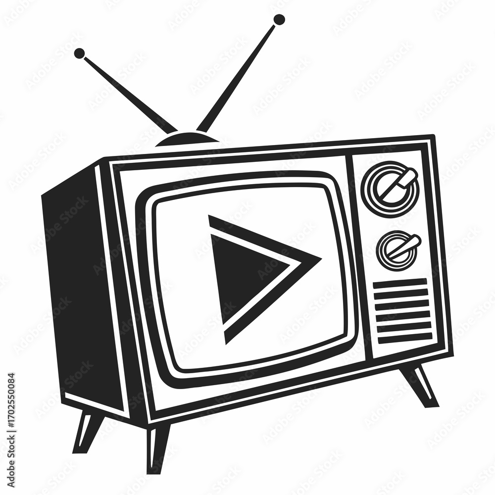 Poster retro television set with a prominent play button icon displayed on its screen symbolizing video con