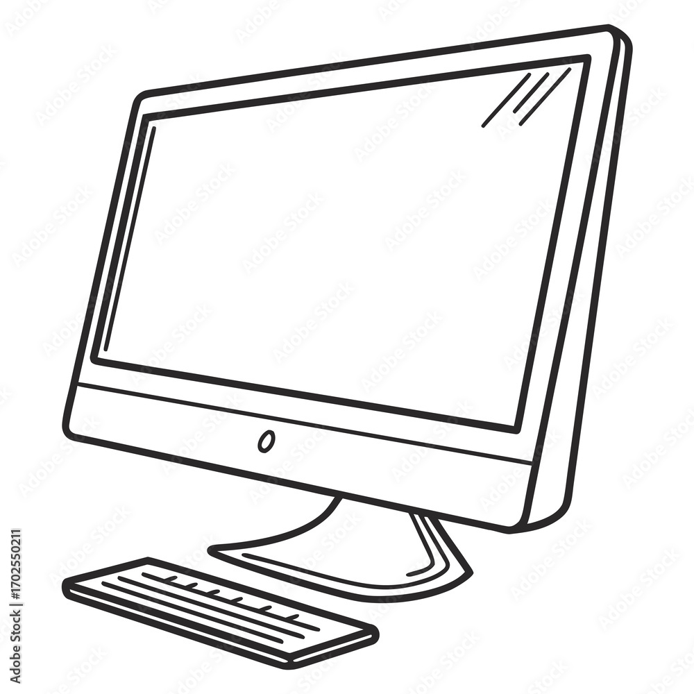 Poster a simple black and white line drawing illustration of a modern desktop computer monitor and keyboard