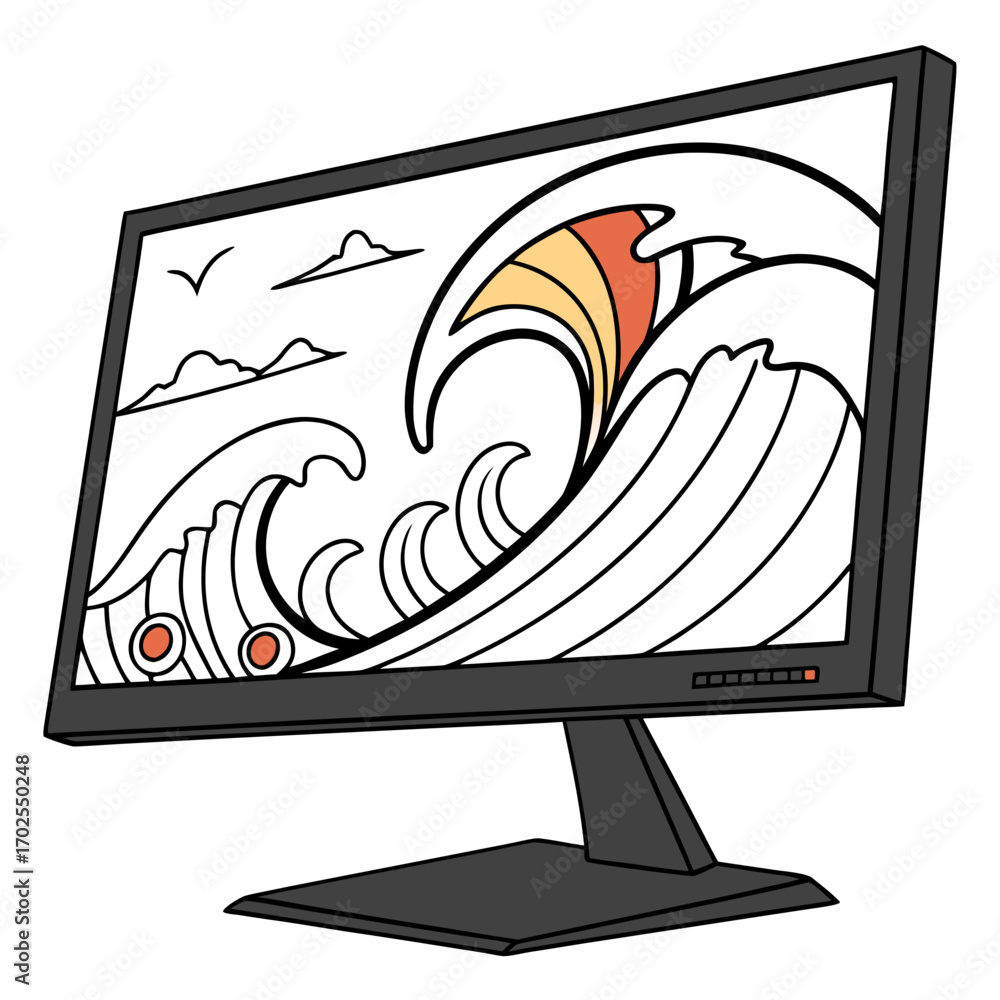 Fototapete a modern computer monitor displays a stylized illustration of a powerful ocean wave with a hint of o