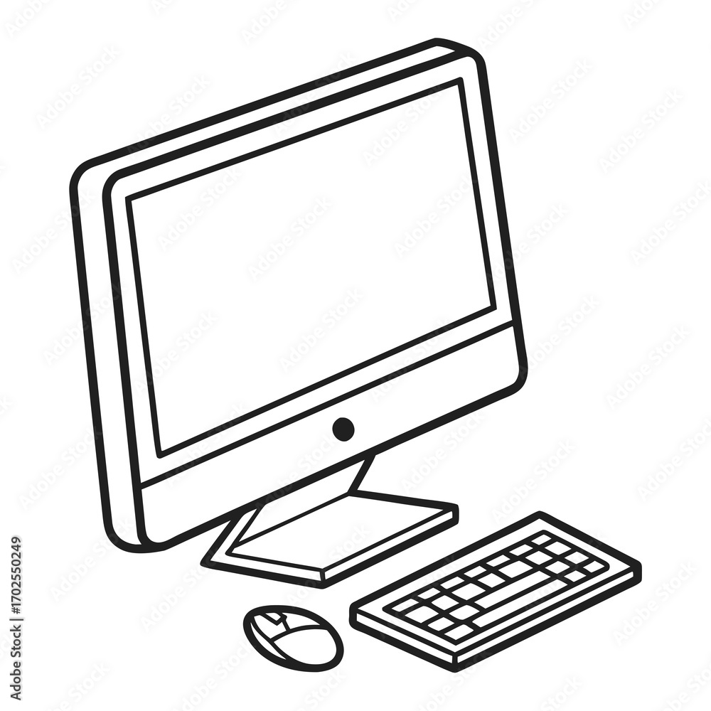 Fototapete a simple black and white line drawing illustration of an all in one desktop computer with a keyboard
