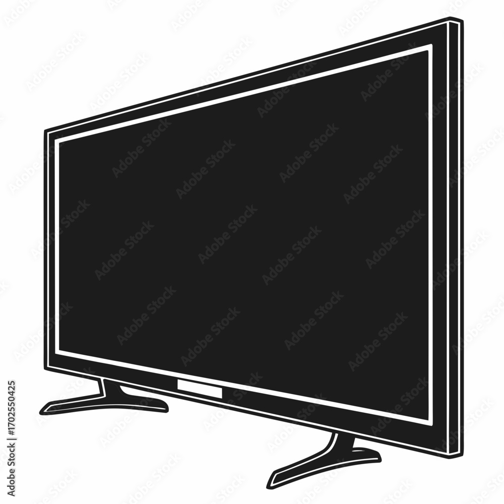 Poster modern flat screen television set with a black display and a sleek stand viewed from a three quarter