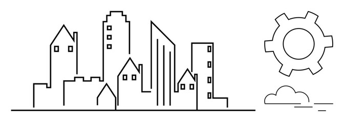 Outline of tall and small buildings, gear for innovation, minimalistic style. Ideal for urban development, architecture, technology, engineering, planning, teamwork progress simple landing page
