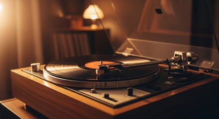 Obraz premium Vintage Turntable Playing Vinyl Record in Warm Light Setting