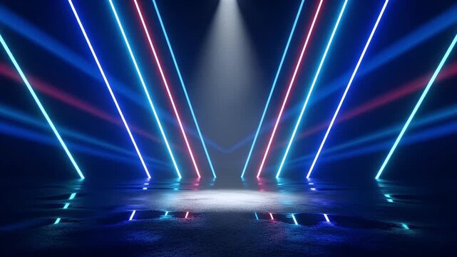 A dark chamber with blue and pink neon lines extending towards a central spotlight on a textured reflective floor