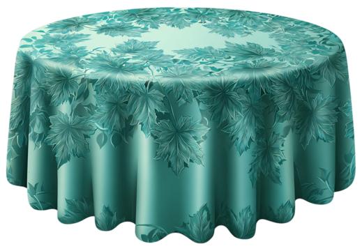 Round table covered with a teal floral tablecloth isolated on transparent background isolated on a transparent background