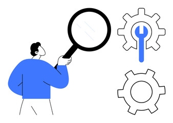 Man examining gears and wrench with magnifying glass, symbolizing analysis, troubleshooting, optimization. Ideal for teamwork, innovation, strategy, management, technology problem-solving simple