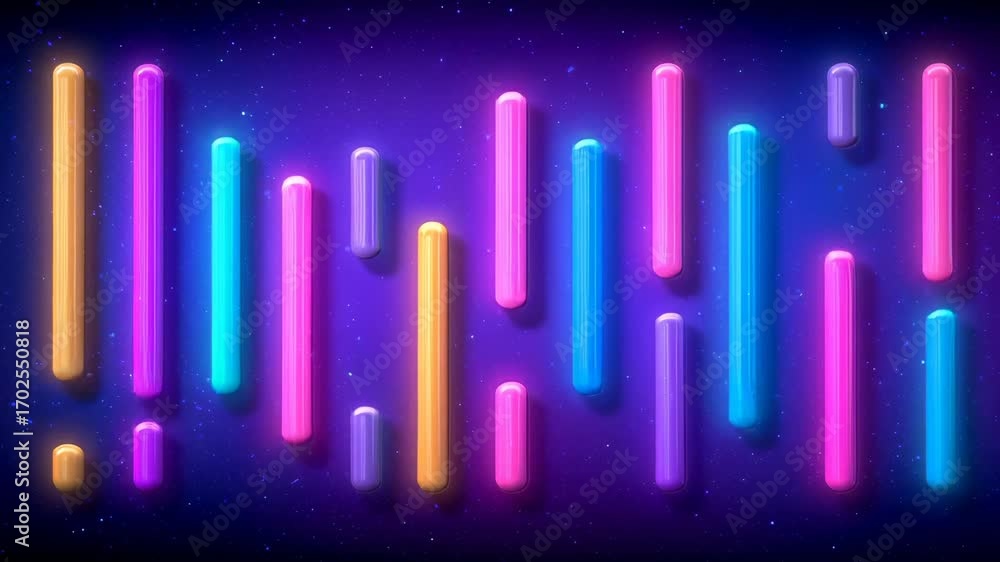 Poster vertical glowing neon bars in pink, blue, yellow, purple colors creating dynamic wave pattern agains