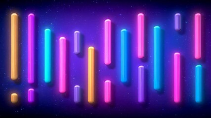 Vertical glowing neon bars in pink, blue, yellow, purple colors creating dynamic wave pattern against starry cosmic background. Symmetrical digital visualization with vertical and curved elements. - Powered by Adobe