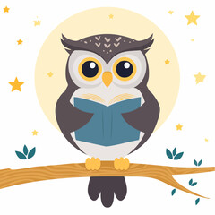 Wise owl reads book under starry night sky, symbolizing knowledge and education