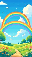 Naklejka premium Two rainbows arch over a grassy path through a field of flowers under a blue sky