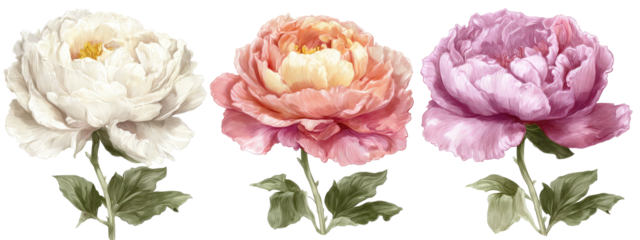 Three detailed illustrations of peonies in varying shades of pink and white.  Each flower displays a rich, textured surface and delicate leaves, creating a timeless floral arrangement