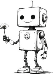 Friendly Robot Holding Flower Vector in Black and White for Whimsical Tech, Sci-Fi, and Children's Illustration Themes